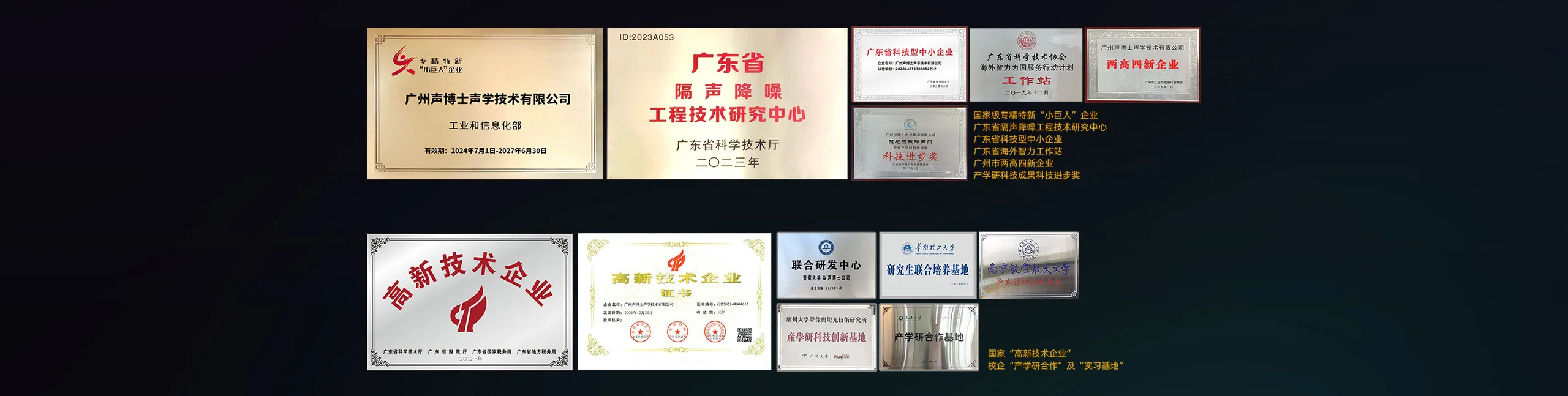 声博士荣誉资质_国家高新技术企业_专精特新小巨人_粤港澳大湾区创新企业